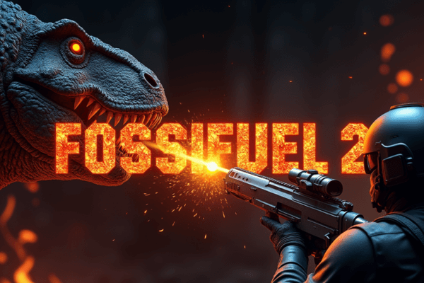 "Imagem promocional do jogo Fossifuel 2, mostrando uma batalha intensa entre um soldado armado e um dinossauro assustador, com o título do jogo em letras flamejantes nas cores laranja e amarelo.